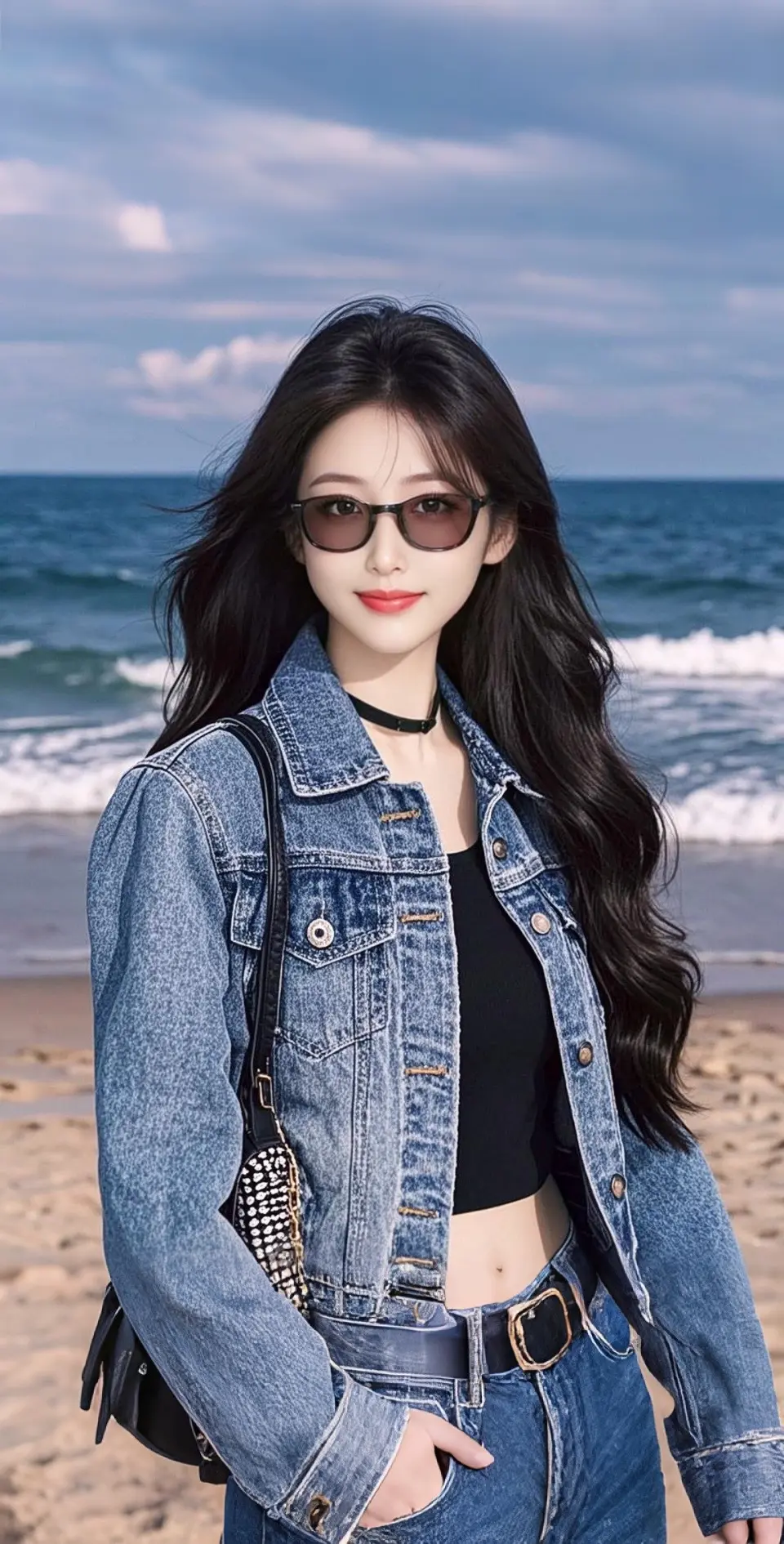 AI扩图 AI海边牛仔女孩