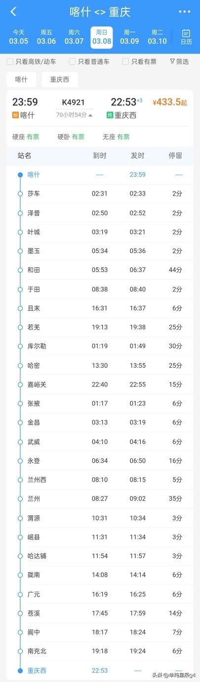 近71小时历程的全程K4921，喀什到重庆的第2趟列车3月8号始发

通过查询，