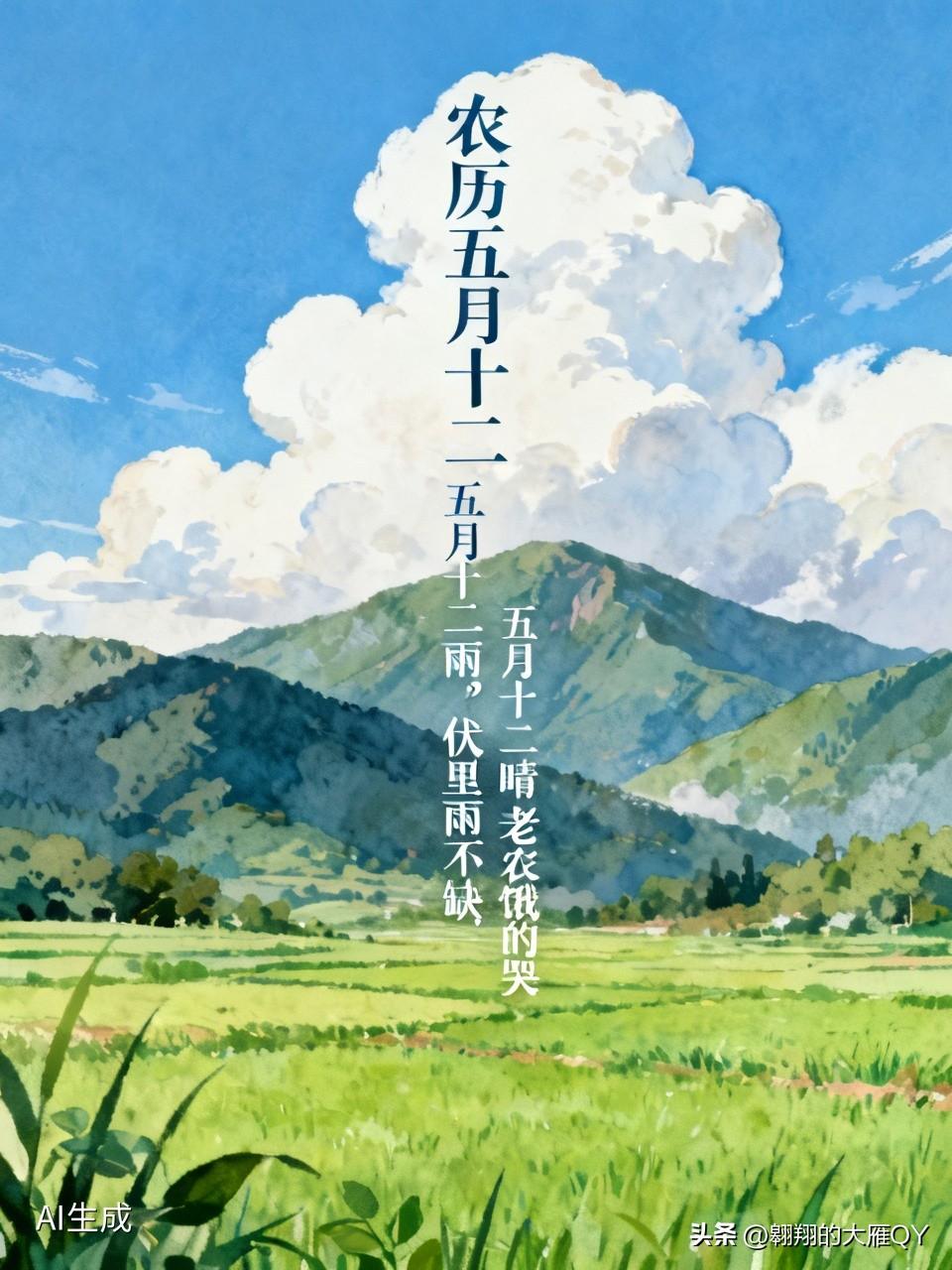 今天是农历五月十二民间俗语有农谚与老话
一、天气农谚（流传最广）
1. 五月十二