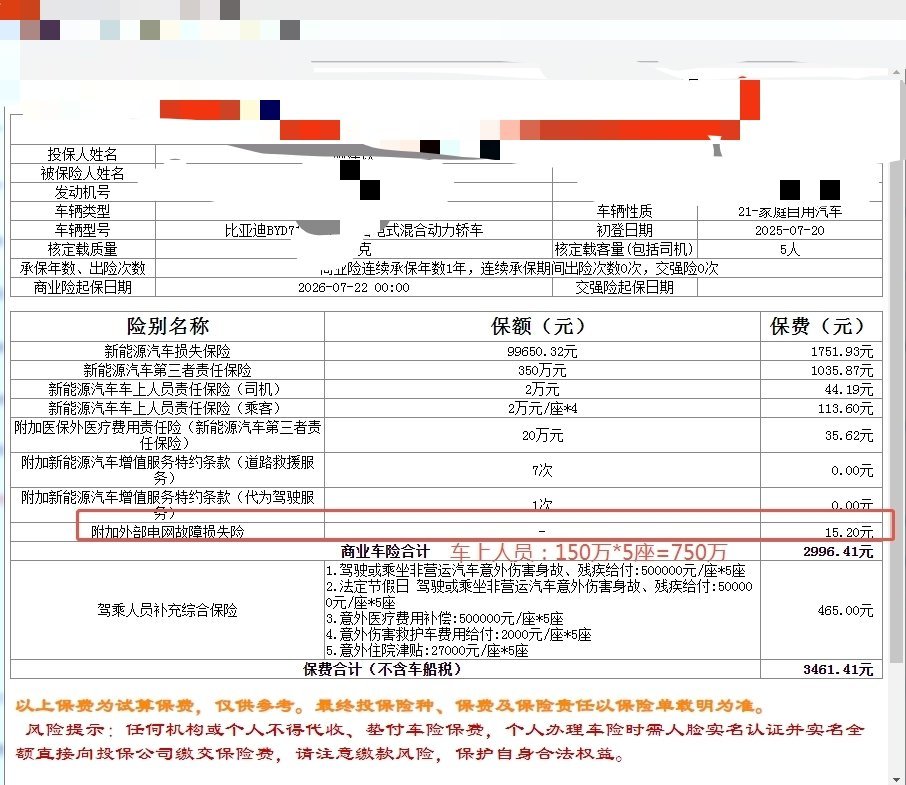 比亚迪海豹06 DM-i，第二年续保费用：商业险3461+交强险950=4411