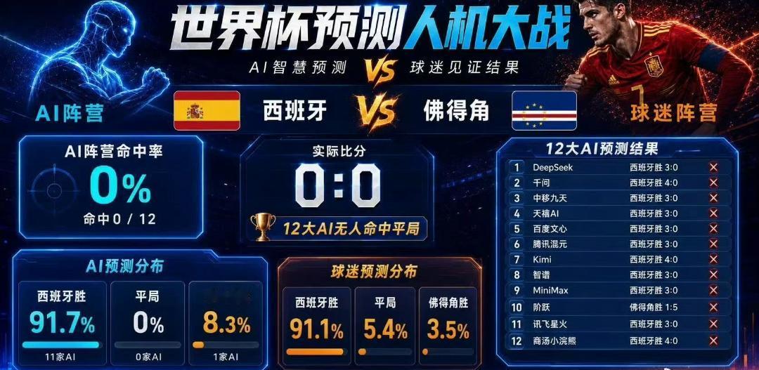 西班牙0比0战平佛得角
目前来看，这一场所有AI都没预测对 [大力神杯][大力神