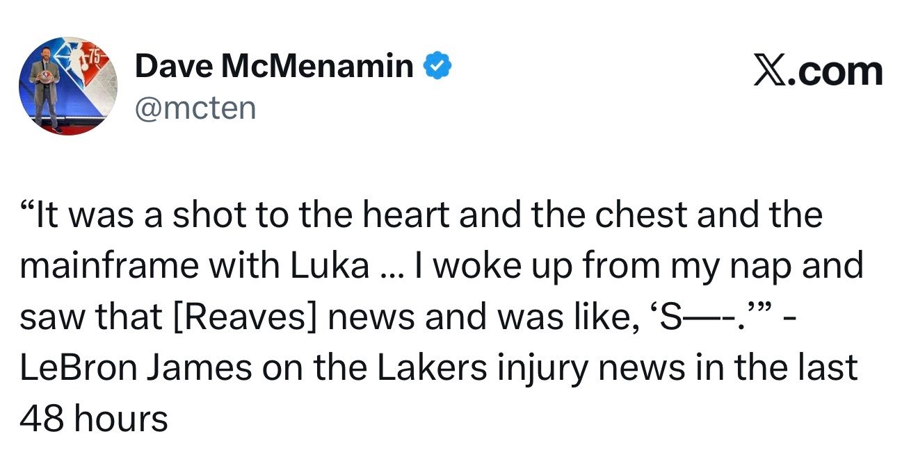 詹姆斯谈过去48小时内湖人的伤病情况：“卢卡受伤的消息就像当头一棒，击中了我的心