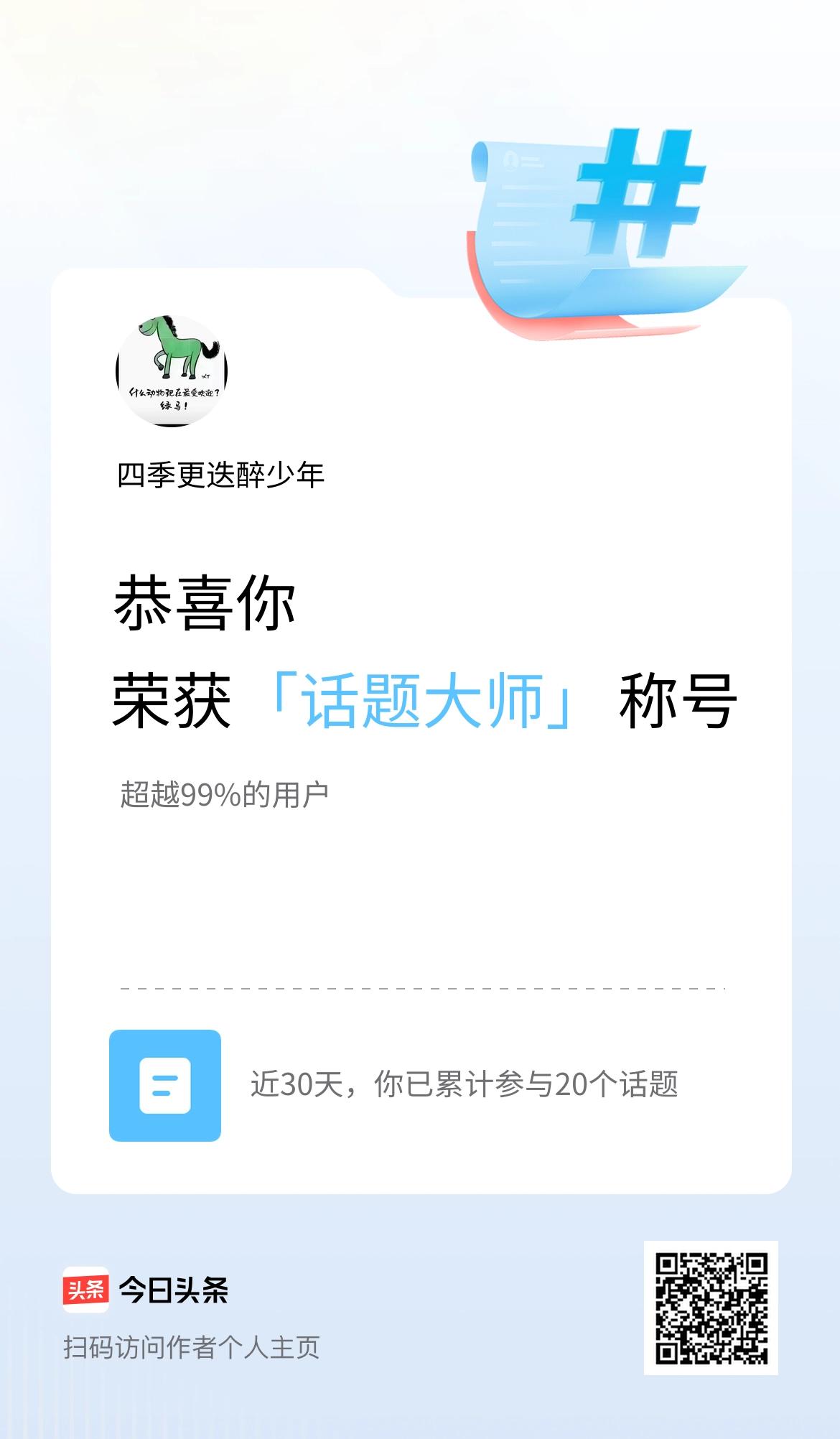 我在头条获得「话题大师」称号