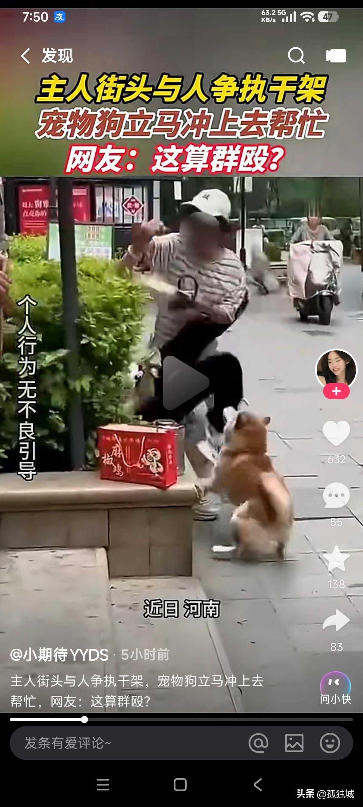 养狗千日，用狗一时
主人街头跟人争执干架，狗子立马冲上去帮忙，这种算群殴吗？
看