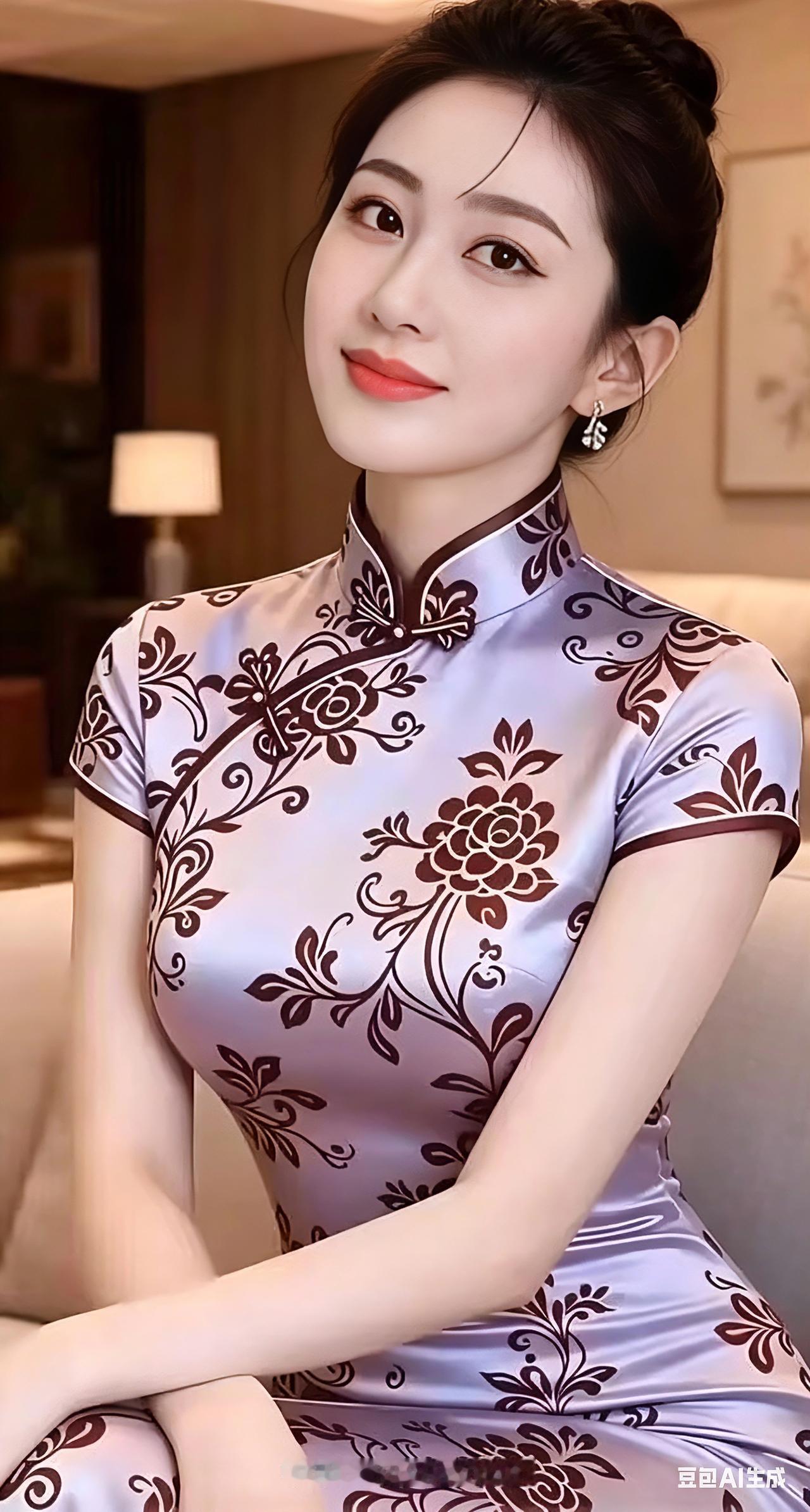 七言绝句
 
一袭旗袍韵自悠，
花开锦缎映温柔。
嫣然浅笑含风雅，
古韵盈盈醉眼