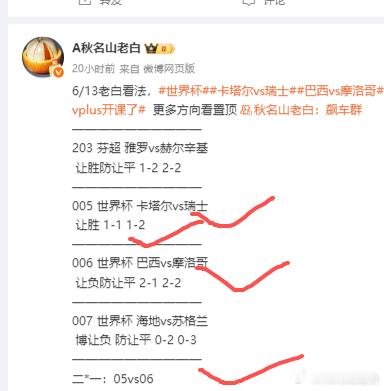 老白昨晚3场世界杯已经稳稳拿下两场场！剩下的一场还在踢 卡特尔1比瑞士巴西1-1