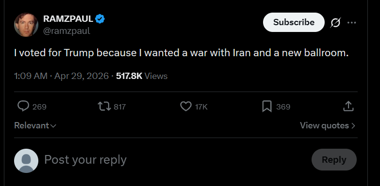 Average 美国串子：是的，我是为了在白宫修个宴会厅和轰炸伊朗才投的特朗普 