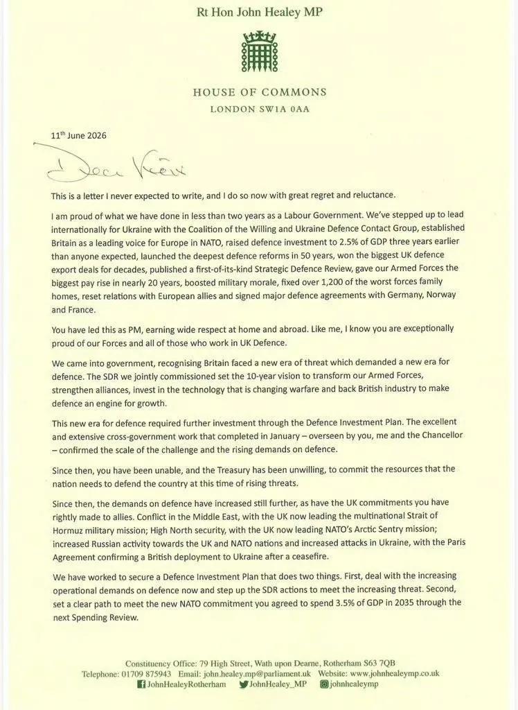 英国国防大臣约翰·希利宣布辞职，理由是斯塔默政府无法满足他提出的军费需求，没法干