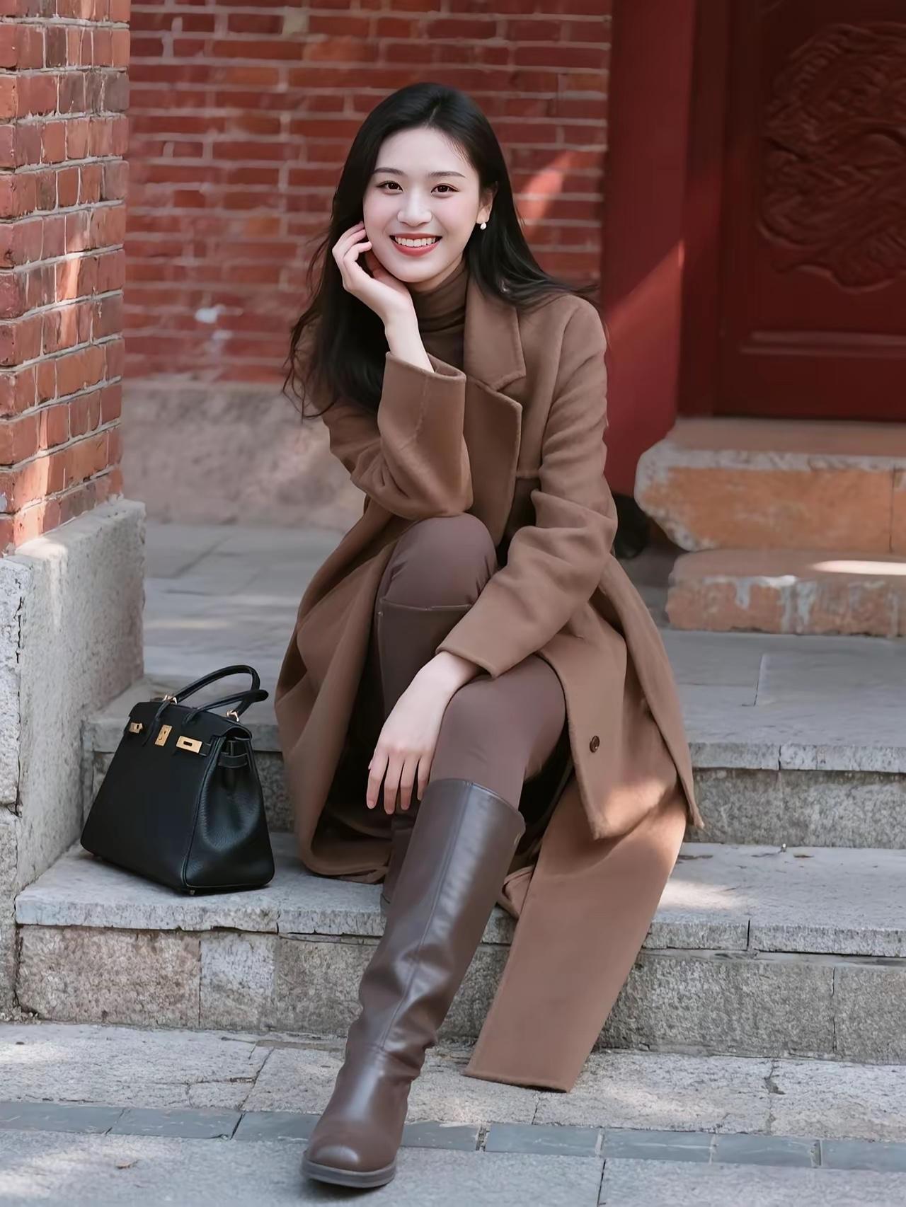 秋日暖阳下，时尚女孩与红砖墙的邂逅