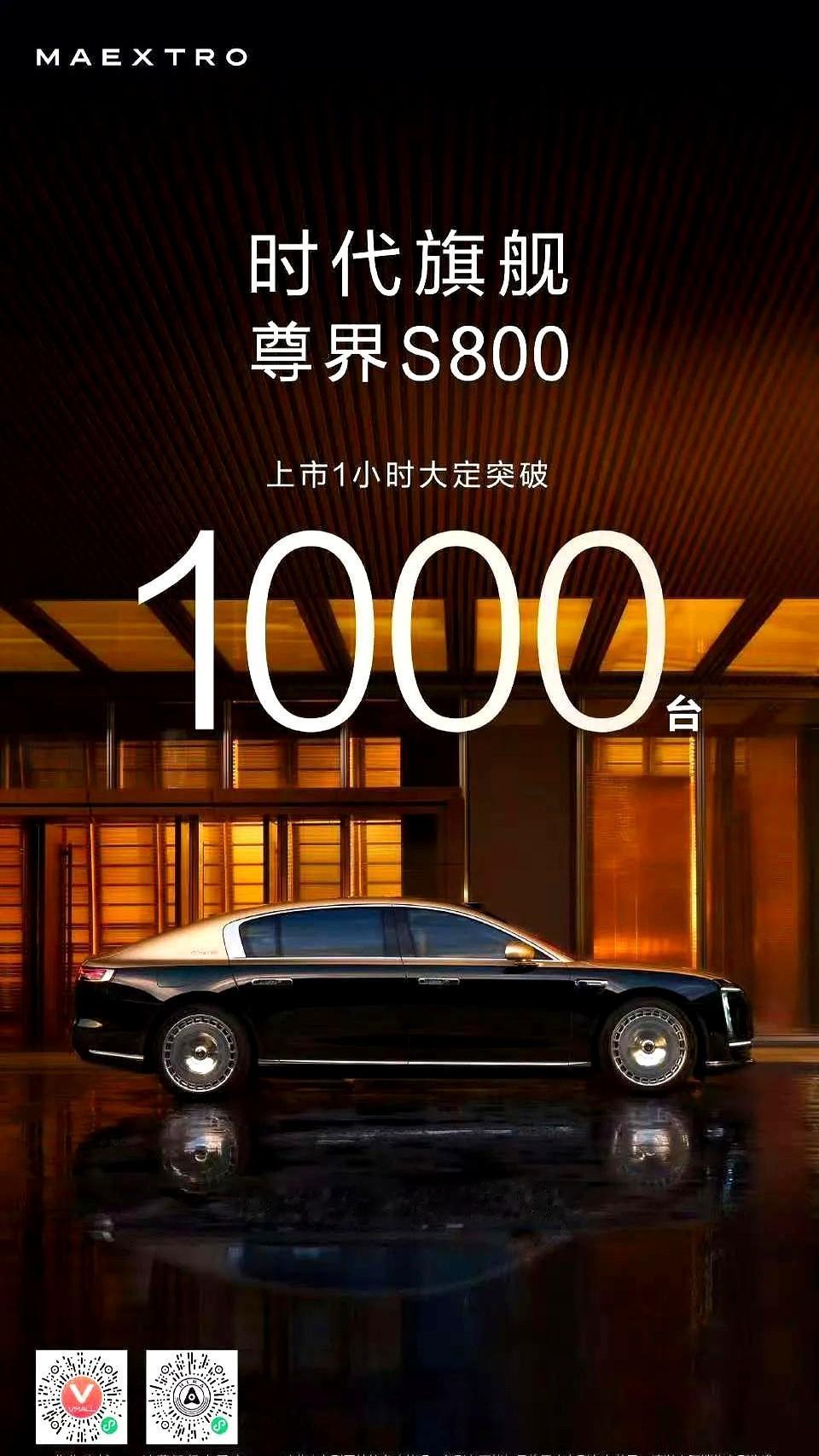 售价100万元的尊界S800上市一小时大定突破1000台，这其中绝大多数都是选的