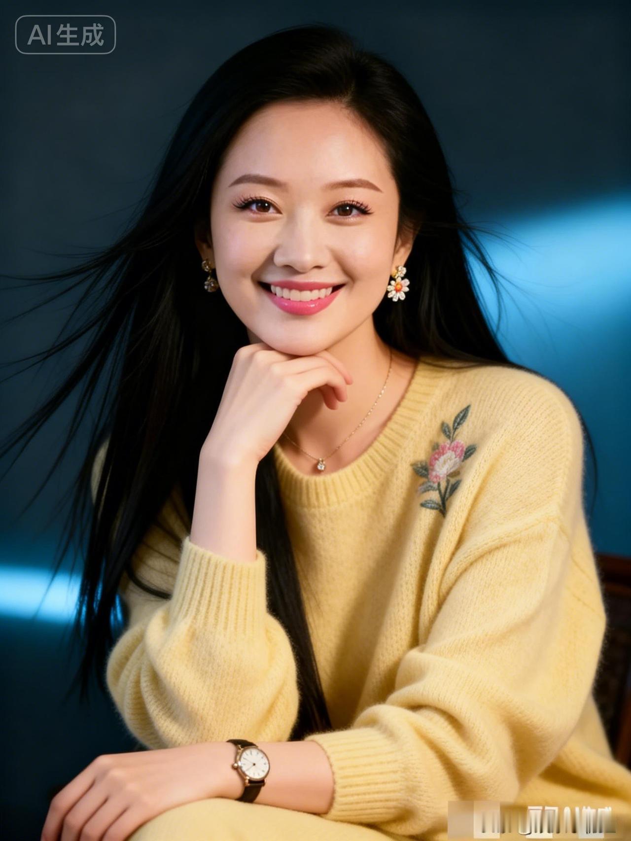 温柔甜美的微笑，黄色毛衣搭配花朵耳环，元气满满的一天！🌸😊