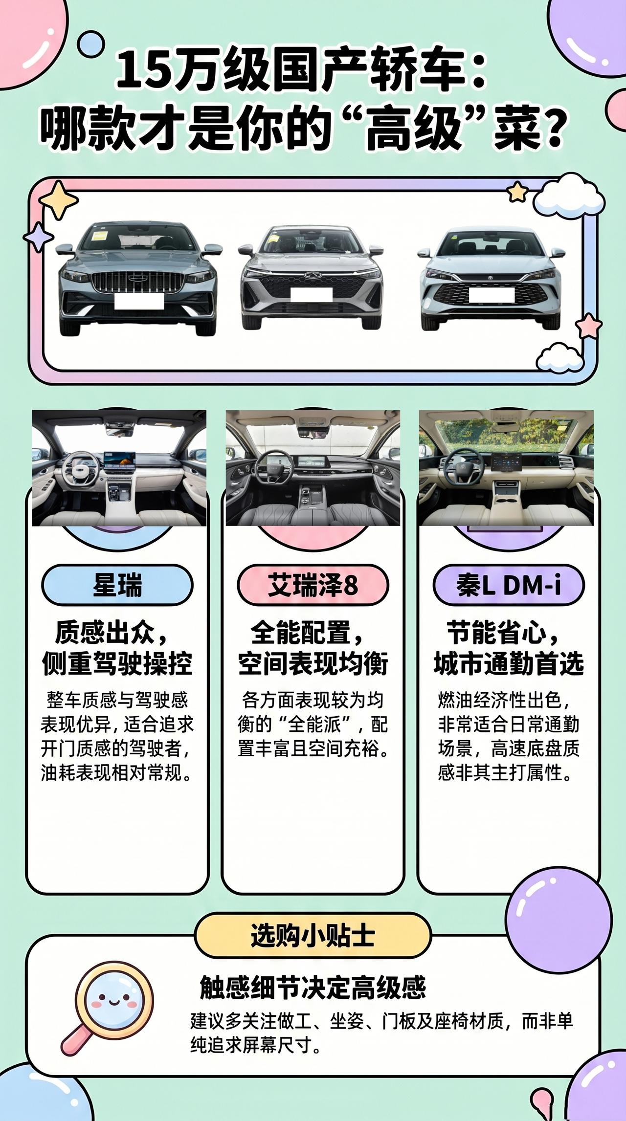 【15万左右，想买台看着高级点的国产轿车】星瑞、艾瑞泽8、秦L DM-i
现在这
