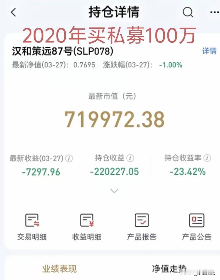 网友晒出6年前100万买的私募基金，现在只剩71万～～～等大盘涨到5000点应该