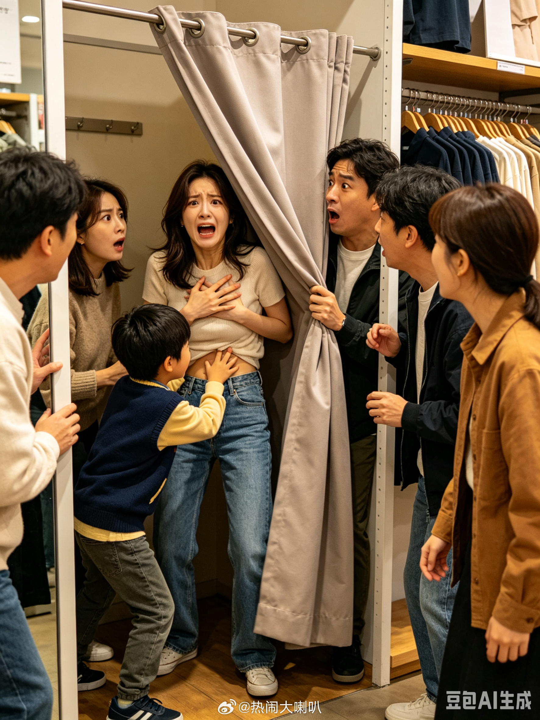 女子试衣间全裸状态遭顽童掀帘一个简陋的试衣间，不应该全裸试衣啊家长未尽看管义务，