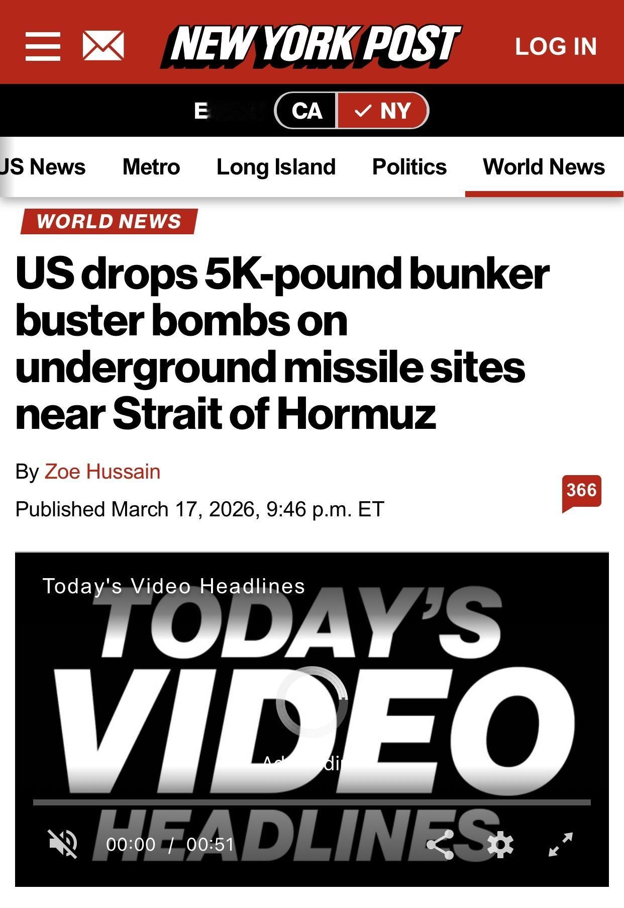 美媒：美军再次使用钻地弹轰炸伊朗导弹基地

美国《纽约邮报》官网当地时间3月17