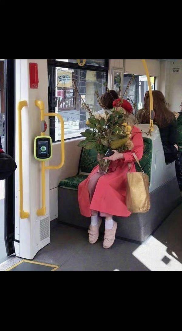 🌸地铁摇晃的时光里，她抱着春天私奔💐。红裙是移动的花坞，连风都为她放慢脚步?