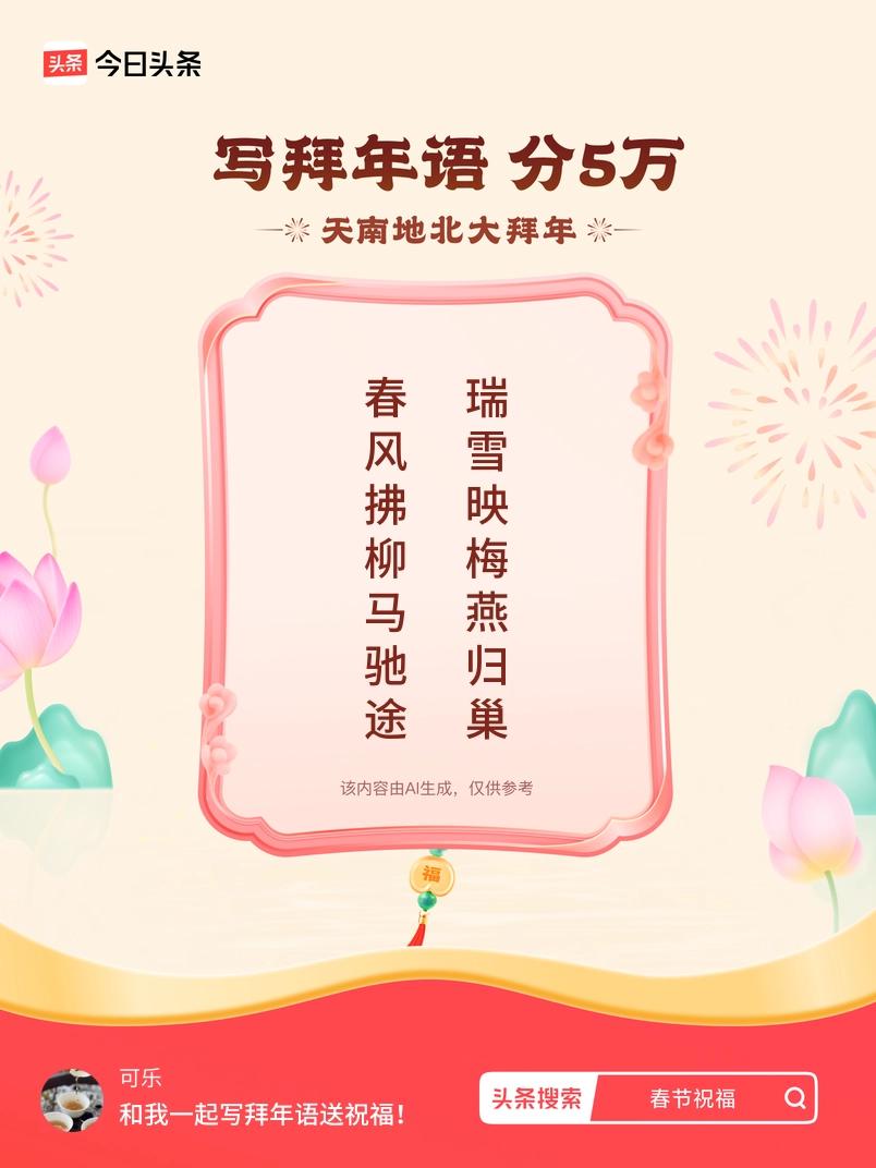 写拜年语送祝福新春拜年送祝福！我的祝福是：“春风拂柳马驰途，瑞雪映梅燕归巢”！快