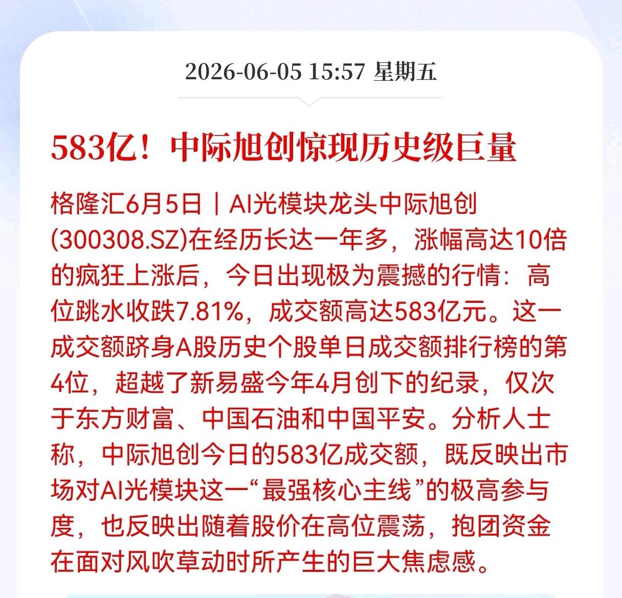 583亿！中际旭创今日惊现历史级巨量，大跌7.8%，什么原因？

6月5日光模块