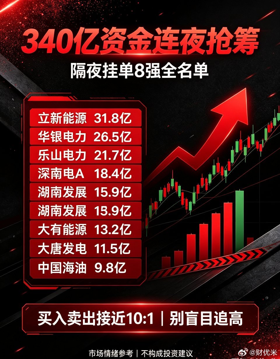 7月21日隔夜挂单8强曝光 340亿资金连夜抢筹电力能源主线，买卖比接近10:1