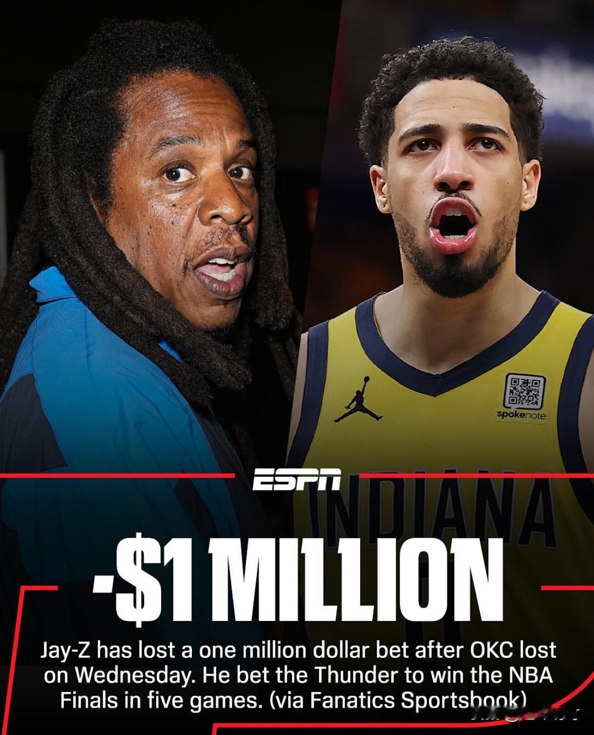 NBA总决赛未能在五场内结束战斗，导致Jay-Z的100万美元赌注打水漂了，[捂