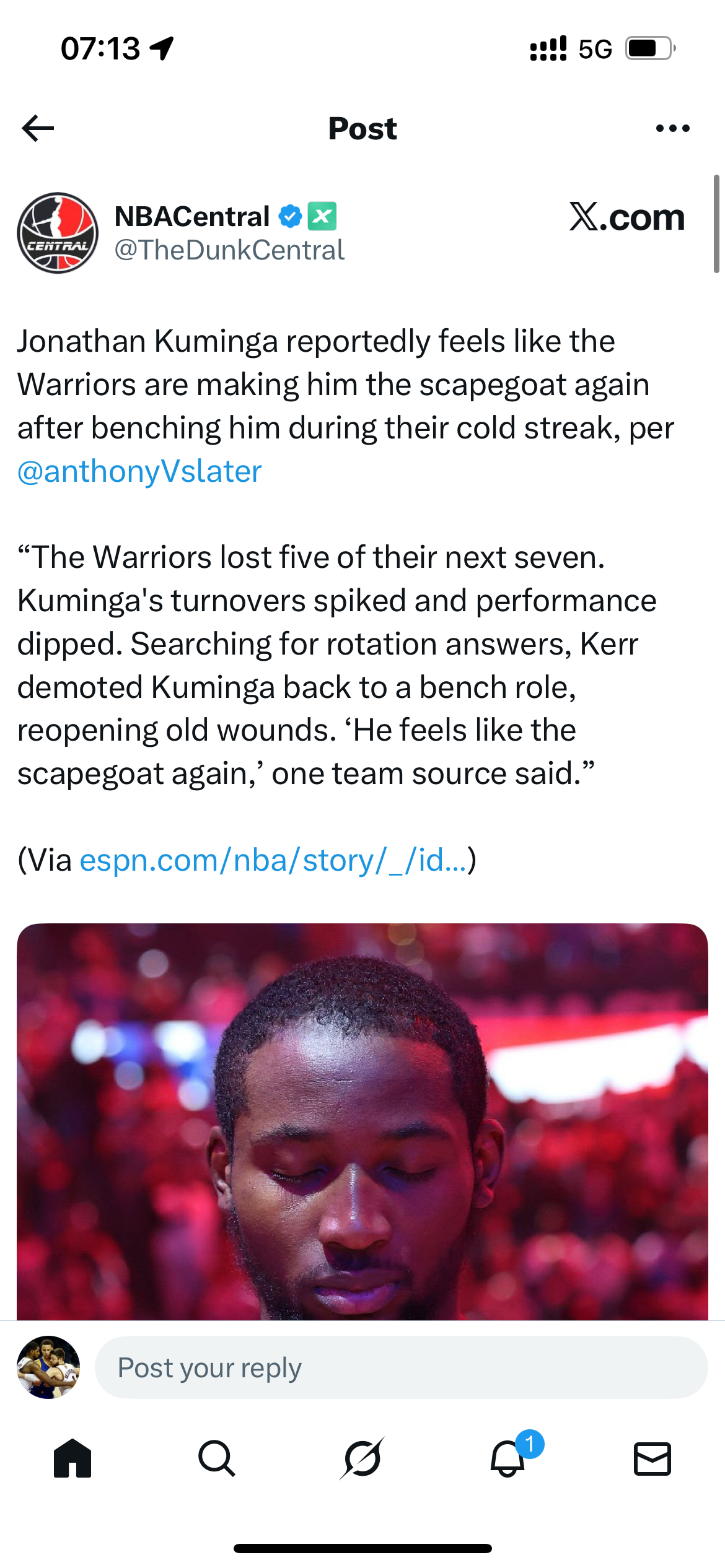 AS：有消息称乔纳森·库明加在勇士队连败期间被按在板凳席后，感觉球队又一次将他当