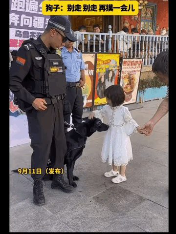 “彻底解释不清楚了”
新疆，帽子叔叔带着警犬执勤，一小女孩路过，不禁停下脚步，忍