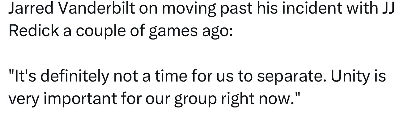 范德彪谈到如何放下与雷迪克的那次冲突：“现在绝对不是我们分裂的时候，团结对我们这