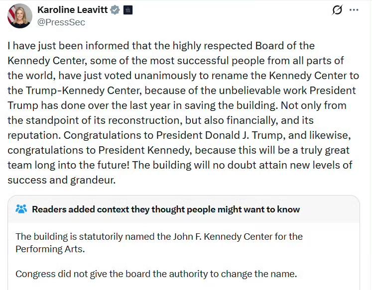 白宫新闻秘书卡罗琳·莱维特：

我刚刚获悉，肯尼迪艺术中心备受尊敬的董事会——来