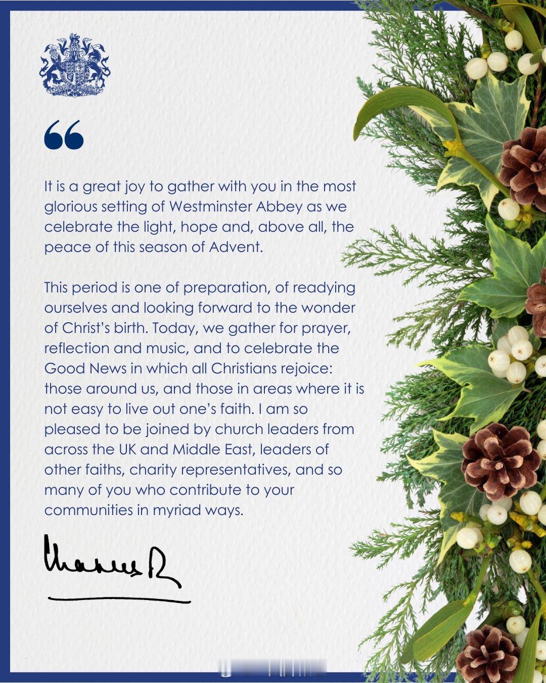 英国王室  为庆祝基督教重要的降临节，查尔斯三世发表公开信息🎄 