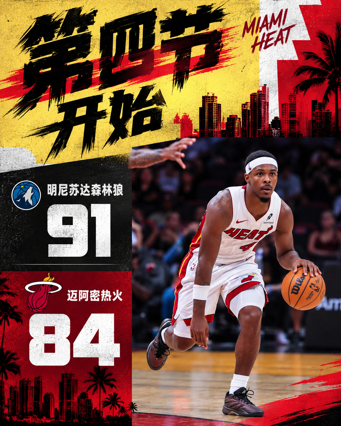 🔥 第三节战罢！热火以84-91暂时落后森林狼7分！决胜第四节即将打响，继续全
