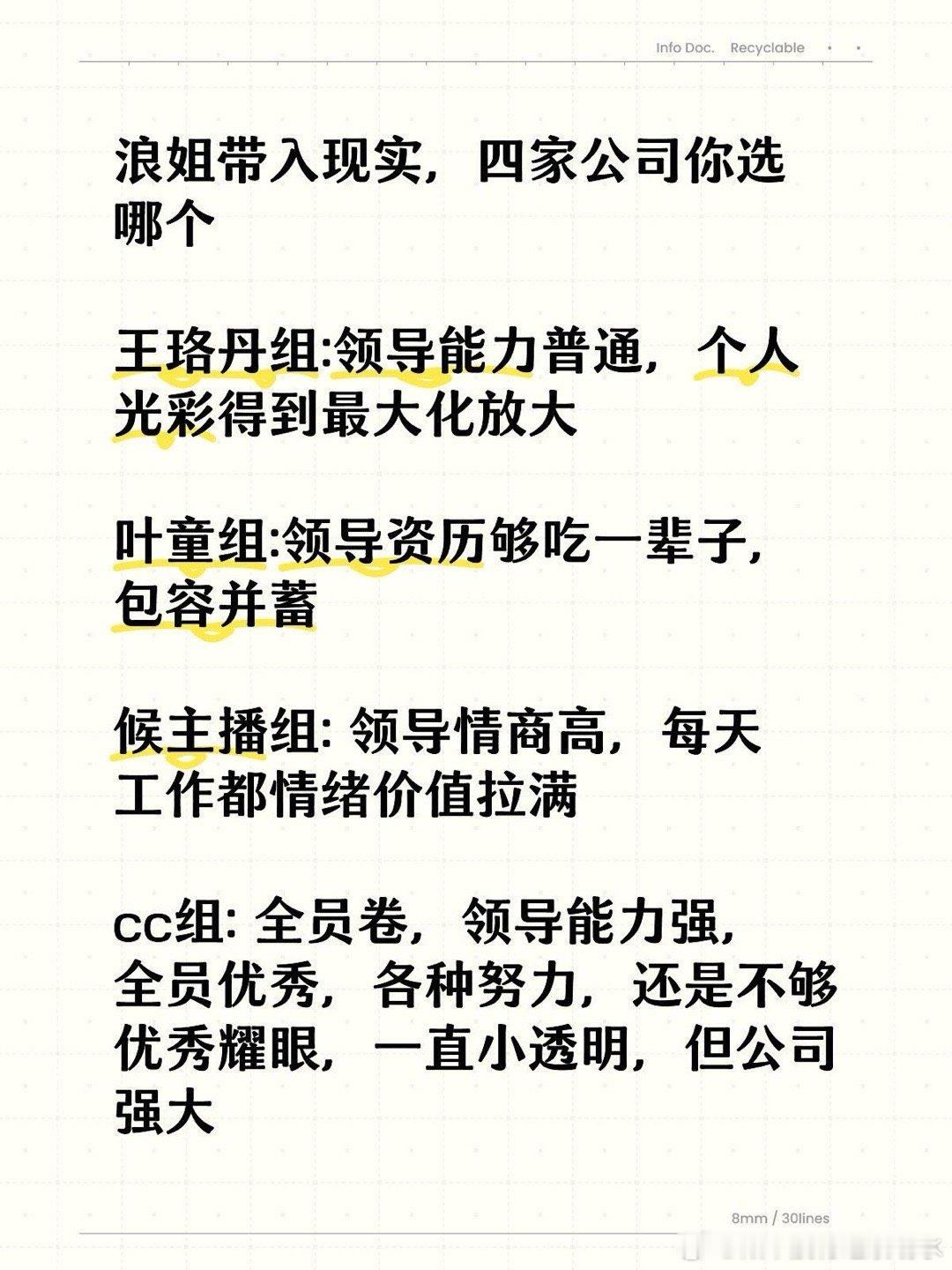 乘风2025[超话]  浪姐带入现实，四家公司你选哪个 王珞丹组:领导能力普通，