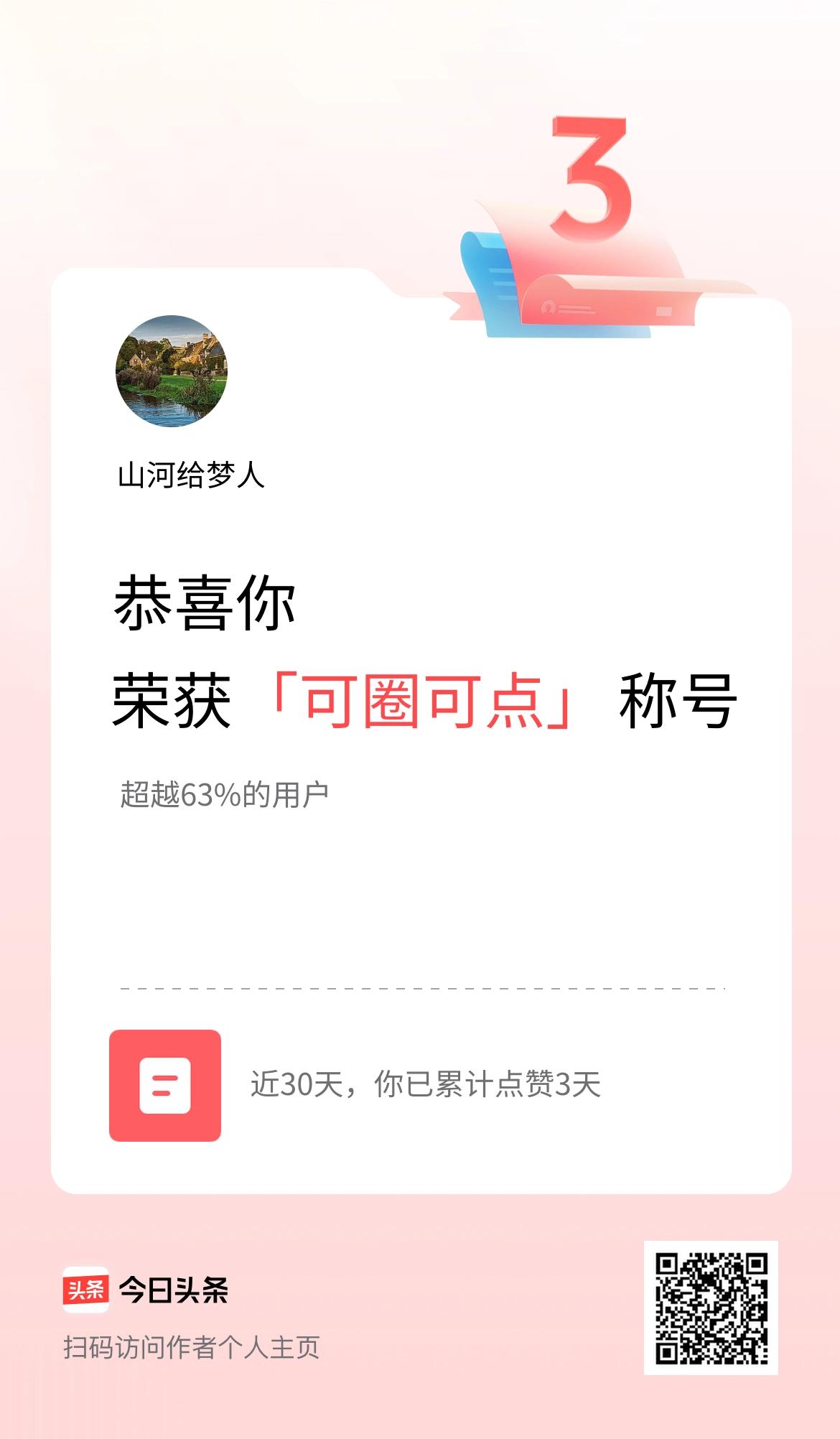我在头条30天内点赞打卡3天，获得“可圈可点”称号