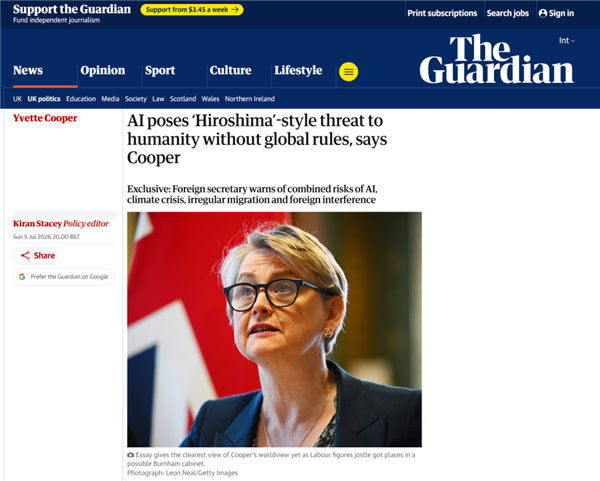 英外交大臣发严厉警告：AI失控危害堪比广岛核爆，呼吁中美牵头监管