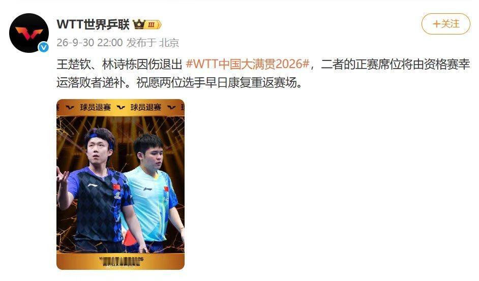 突发！WTT 世界乒联发布最新通告，王楚钦、孙颖莎、林诗栋、以及黄友政悉数退出国