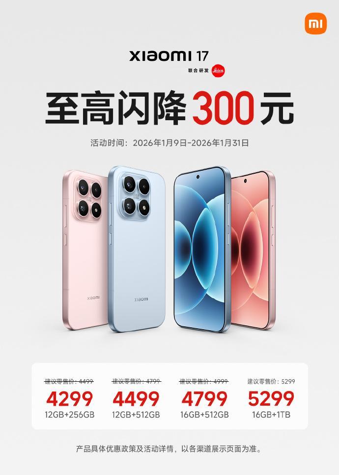 小米公司宣布，小米17标准版至高闪降300元，最低4299元起，活动现已开启，1