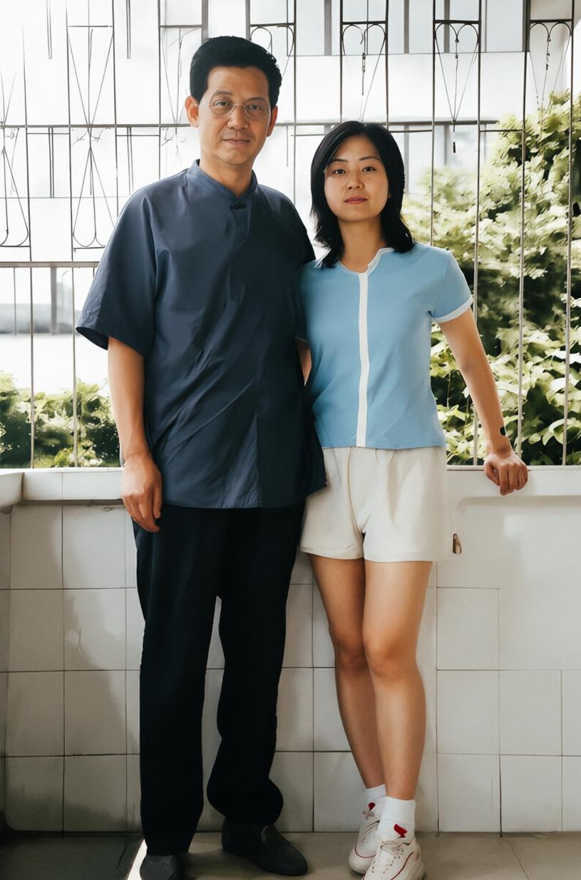 80年代，王大宾与女儿在深圳的合影照。女儿和妈妈在深圳生活，一头干净短发，已经长