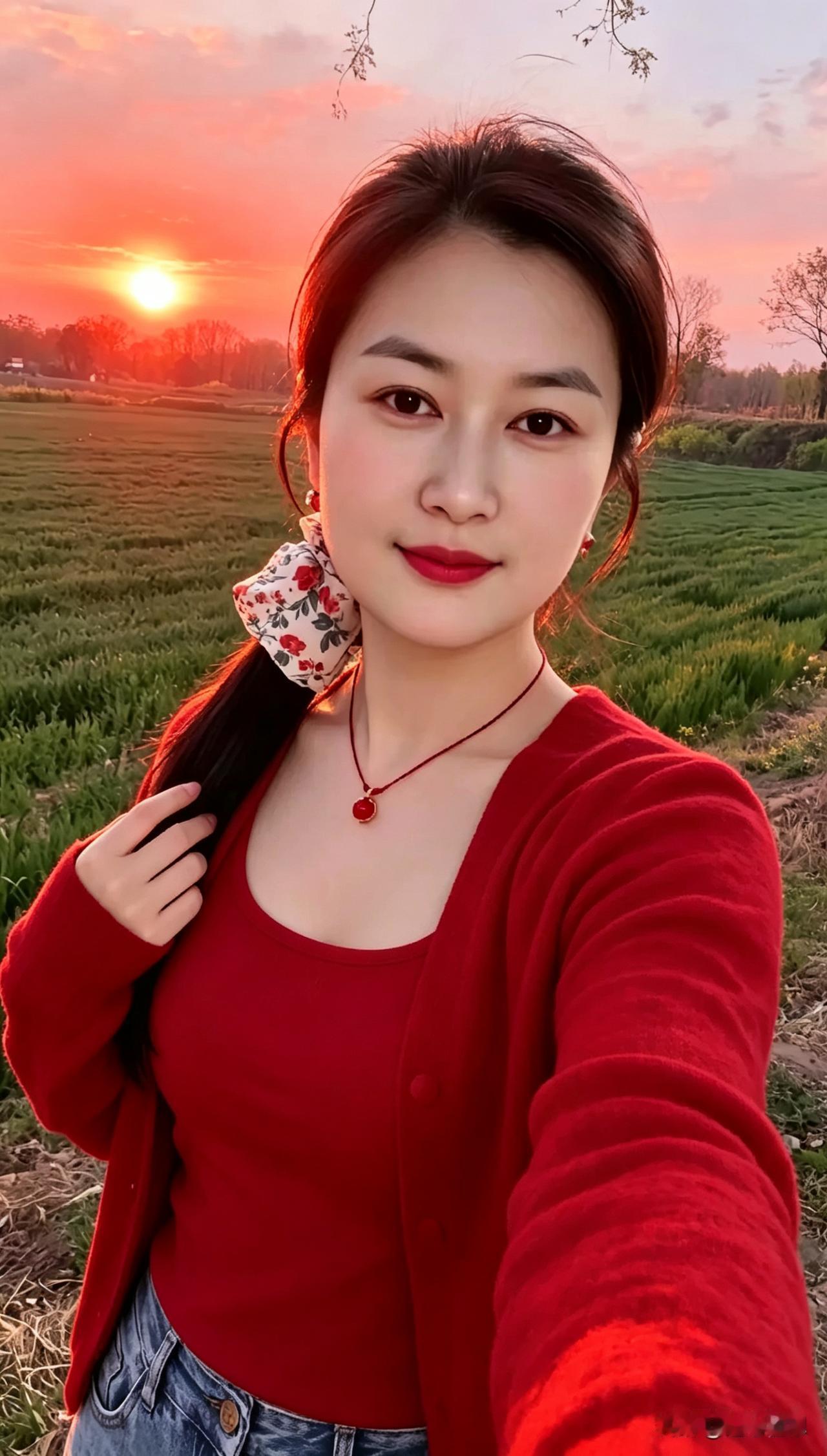 夕阳田野美人娇，红裳轻挽发丝飘。
笑靥含情眸似水，诸君来把妙语聊。