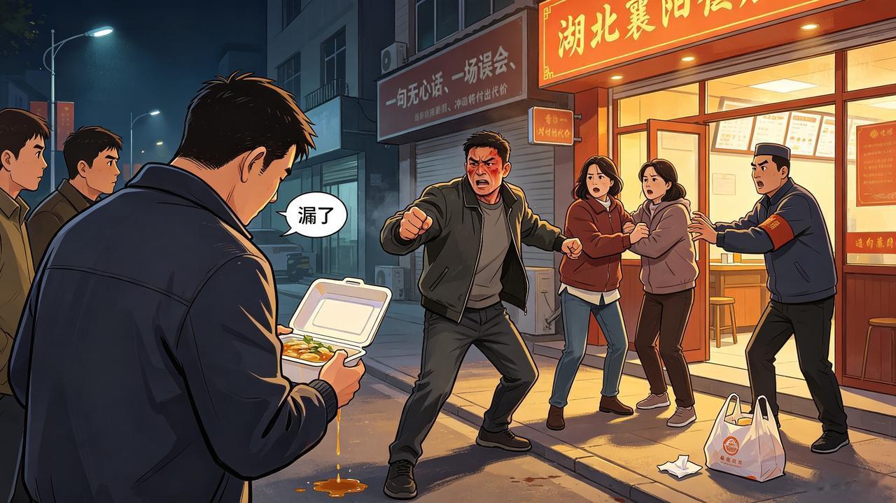 湖北襄阳，男子打包饭菜时，见汤汁渗出来了，就自言自语了一句“漏了”。好巧不巧，这