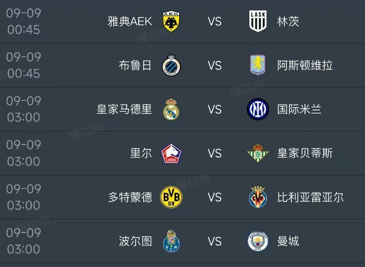 北京时间9月9日，星期三，明天凌晨新赛季的欧冠迎来第一轮的比赛，安排了6场比赛！