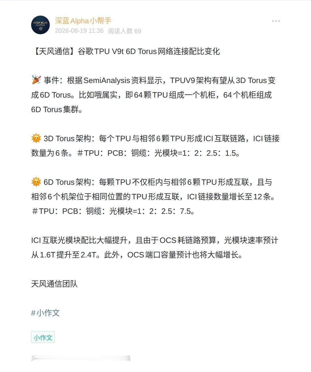 关于谷歌TPU光模块配比的观点
谷歌TPU 光模块 新易盛