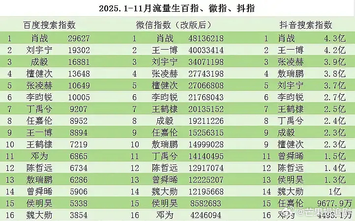 2025年流量生百指微指抖指下沉数据（微指改版后重拉版），除肖博外，刘宇宁、张凌