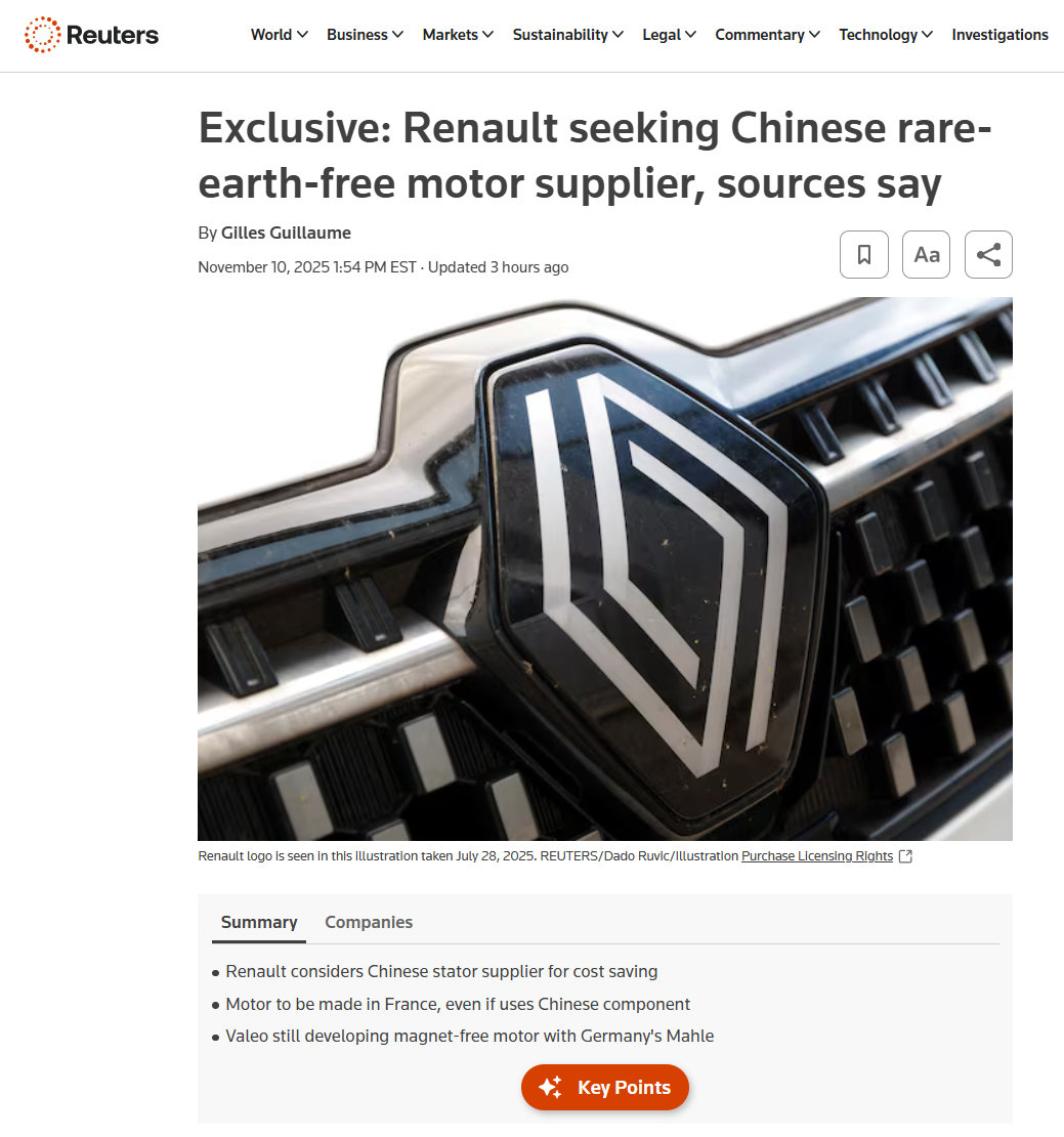 雷诺结束了和法雷奥联合开发“无稀土电机”的项目，现在正转向寻找更便宜的中国供应商