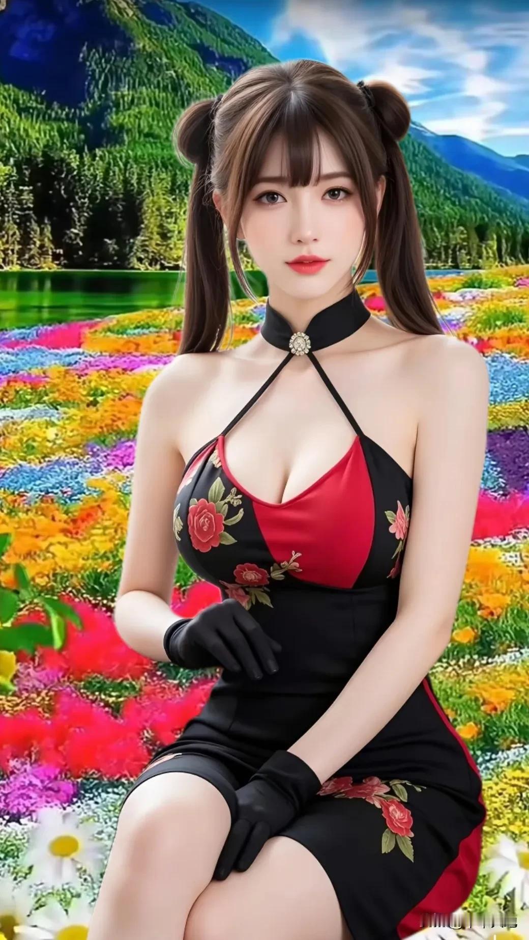 夏日花海中的少女总是充满魅力。那缤纷的花朵是天然的背景板，少女置身其中就像从画里
