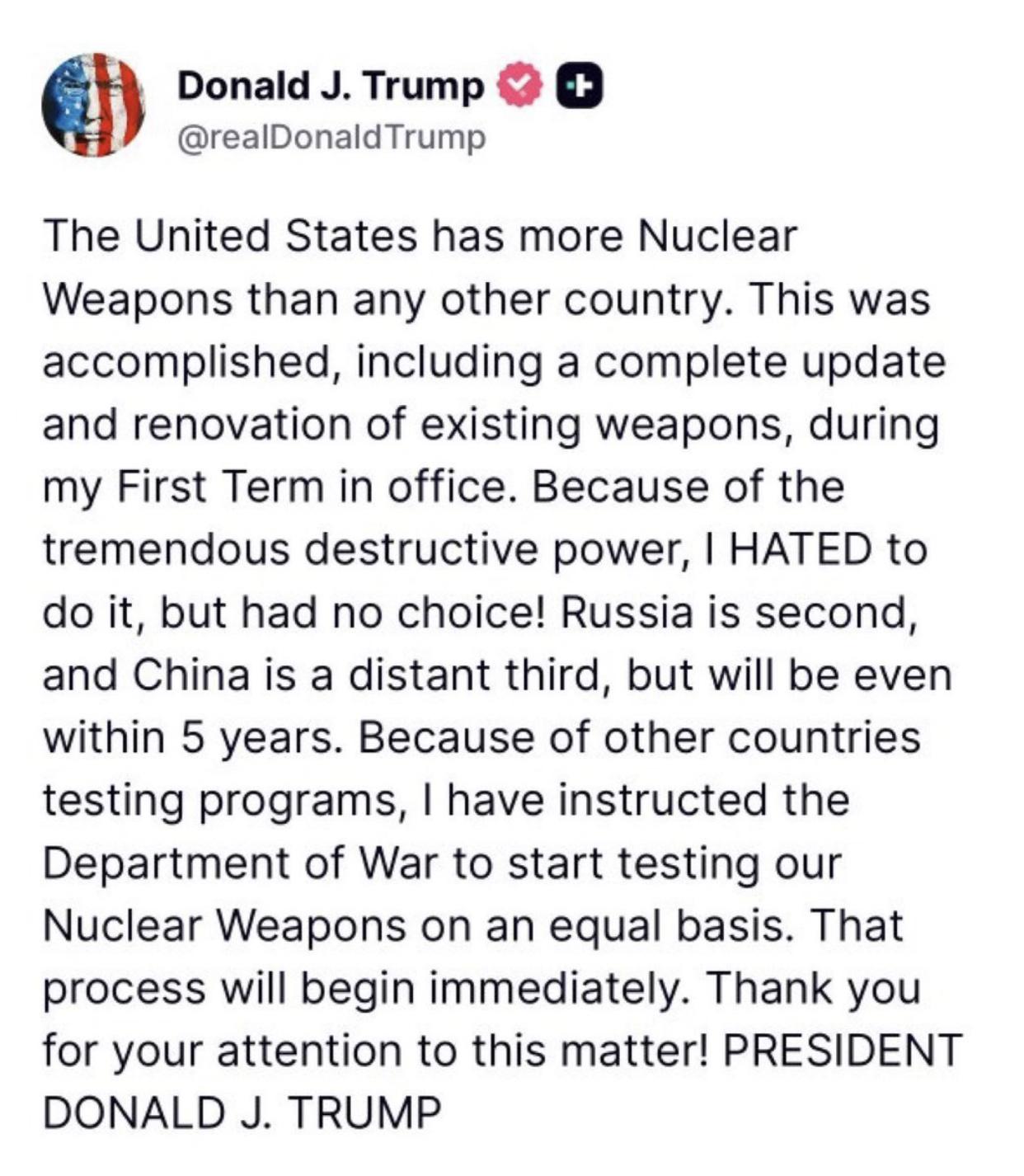 特朗普宣布美国重启核试验后，俄罗斯肯定会跟进，因为俄罗斯之前已经提前预告，只要美