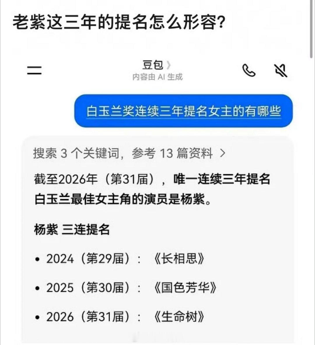 有网友提问说杨紫连续三年都有白玉兰最佳女主角提名，放在内娱小花里面来说，这算是什