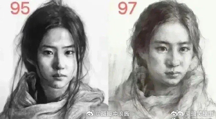疑惑不解呀！右边分数竟比左边高，可明明左边画得更像本人。这评分标准，着实让人摸不