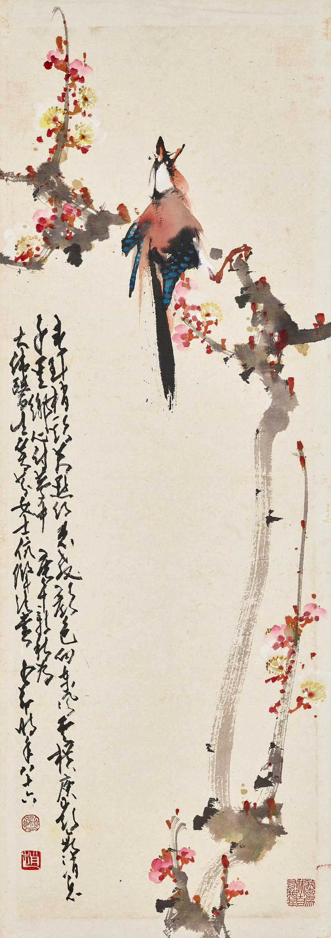 赵少昂的《鸟啭花浓》，光是名字就充满了生机与活力。可以想象，画中鸟儿欢快地鸣叫，