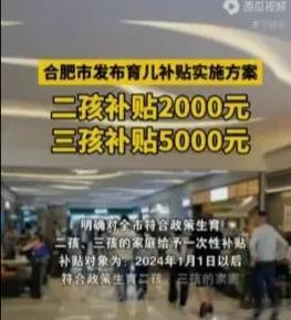 合肥这个生育政策，大家觉得补贴怎么样？合肥市发布育儿补贴规定：生二胎给予一次性补