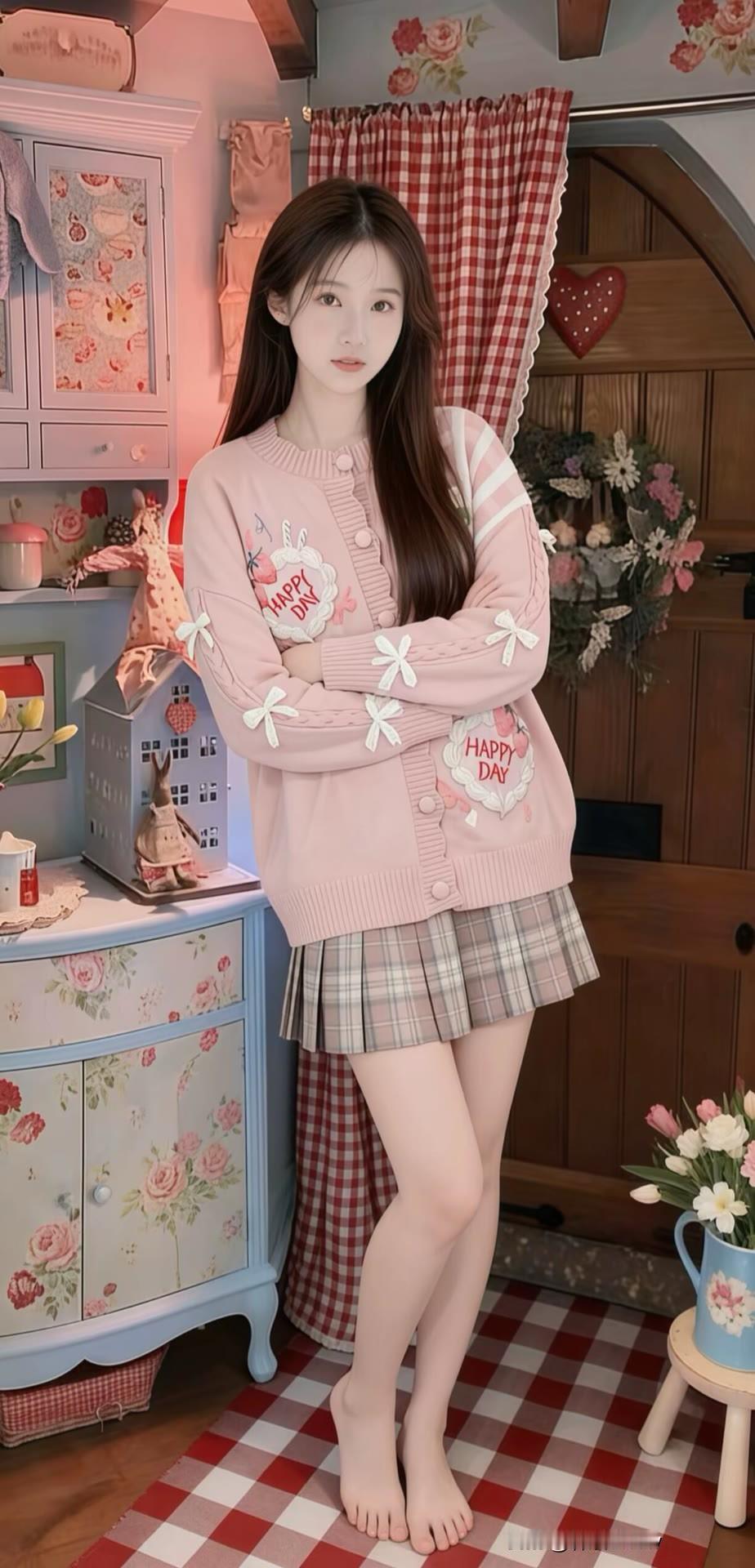 少女心爆棚的粉色毛衣，搭配格子裙，温馨的家居背景，元气满满的一天！🌸💕甜美女