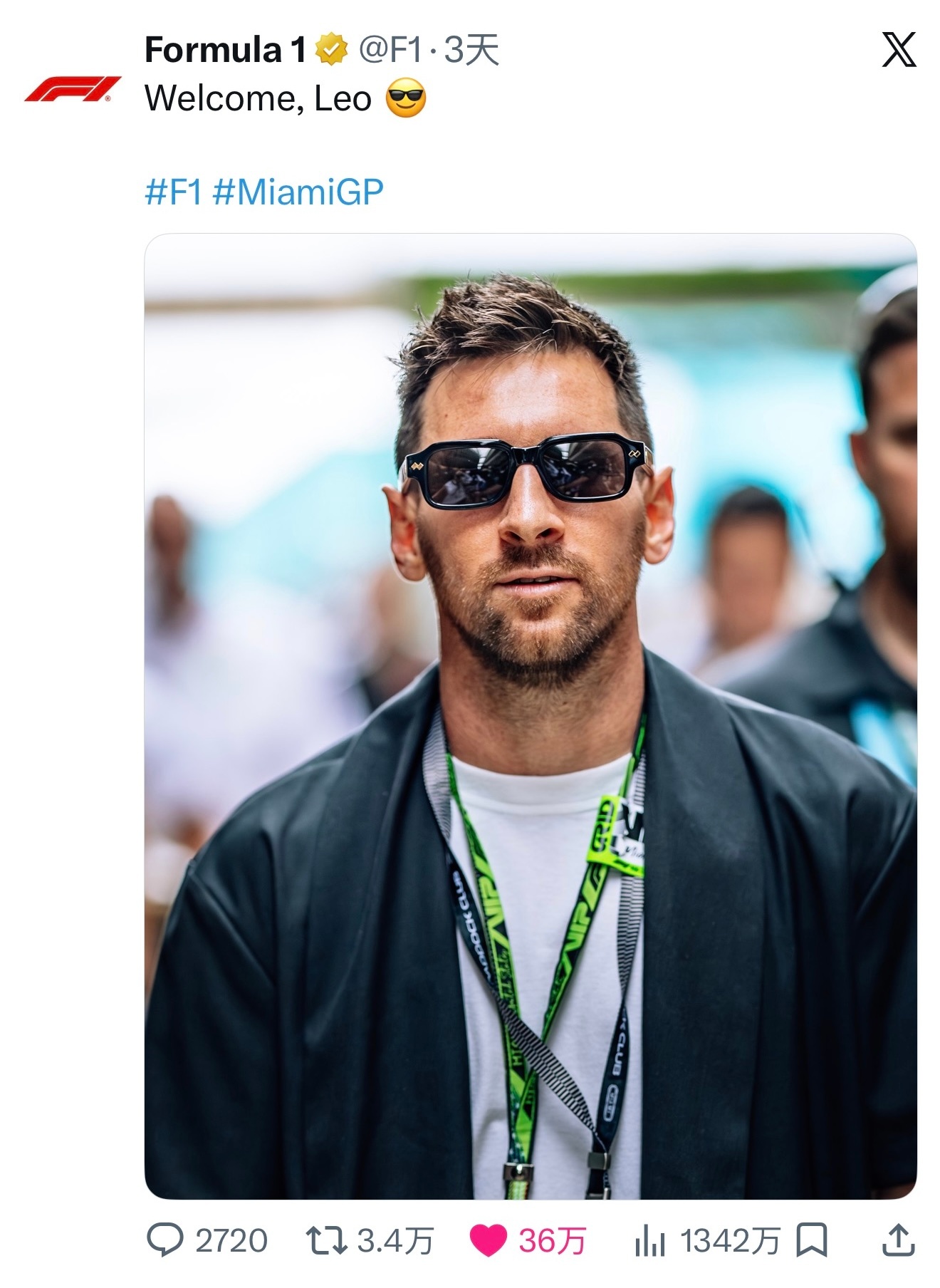 F1官方账号历史点赞最多的帖子是2026年5月3日发布的“Welcome, Le